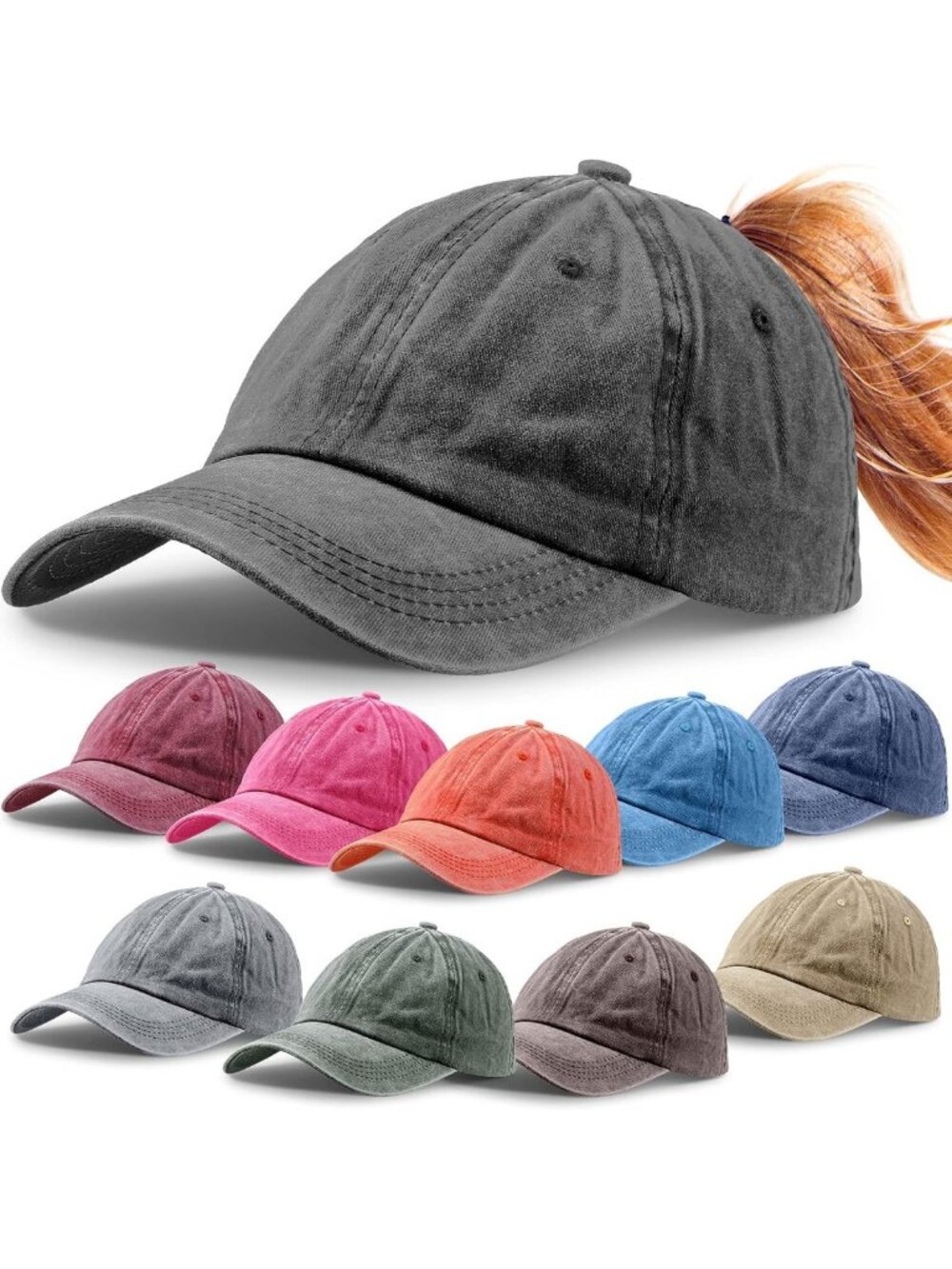 10 Pack Women’s Adjustable Ponytail Baseball Caps - Twill & Washed Style Hats
